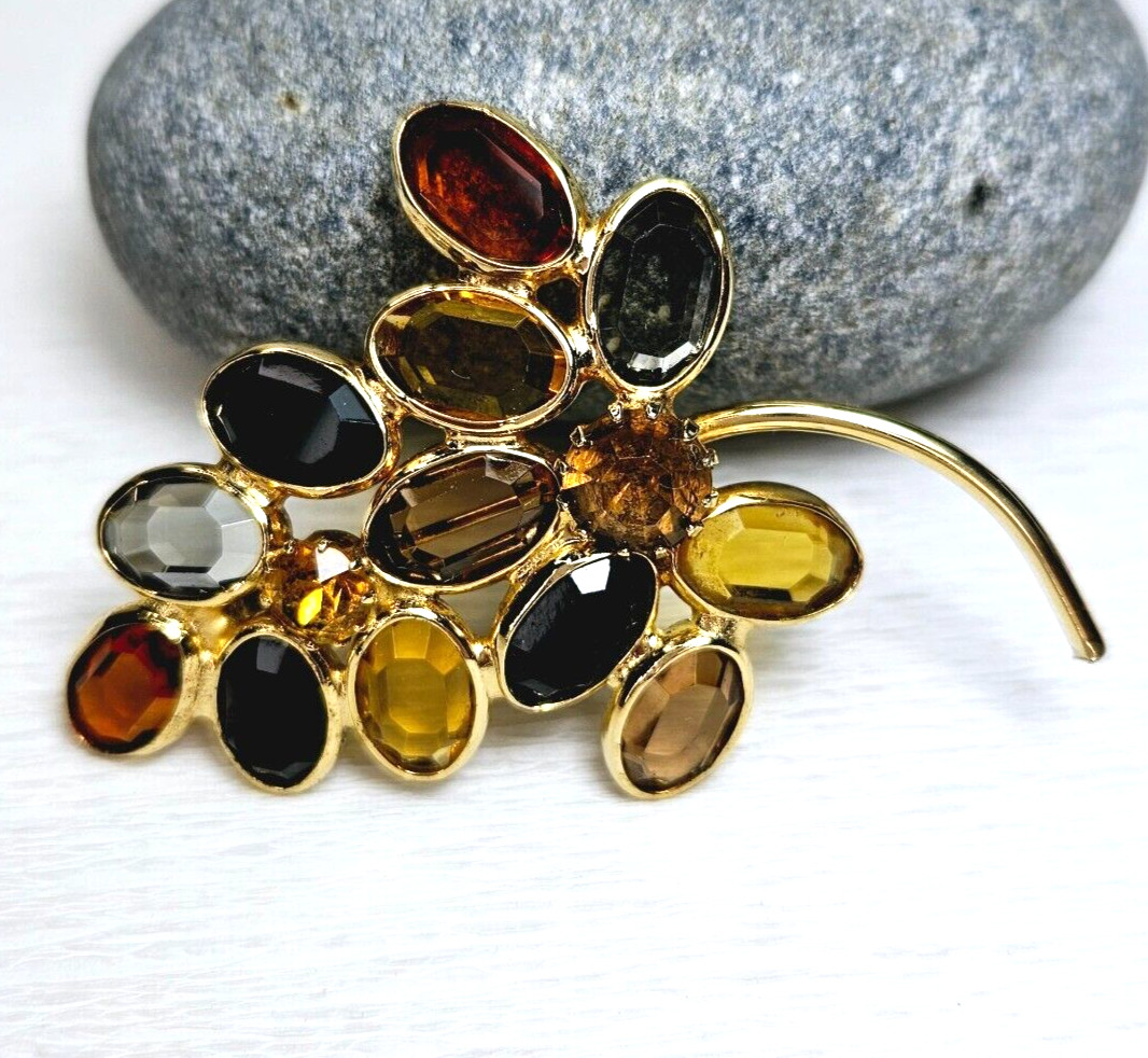 Vintage Fall Brown Colors Leaf Branch Shaped Open Back Stones Brooch
