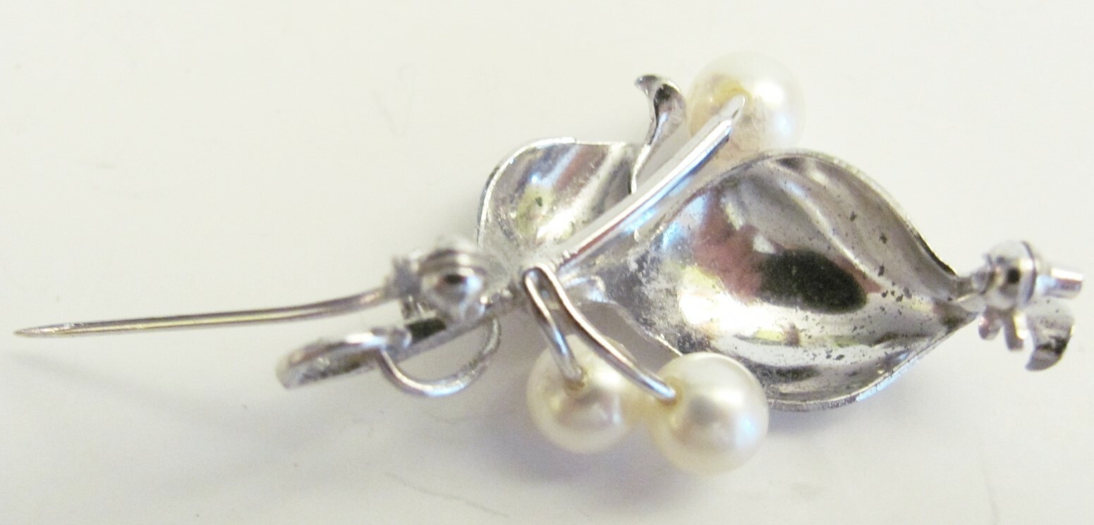 VTG 925 Sterling 3 Real 7mm Pearls Leaf Pin Brooch/ Pendant 5.3 gram 1 1/2″ x 1″