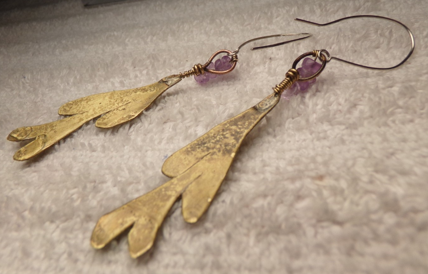 VTG 1960’S BRUTALIST STERLING SILVER GOLD BRASS AMETHYST MODERN PIERCE EARRINGS