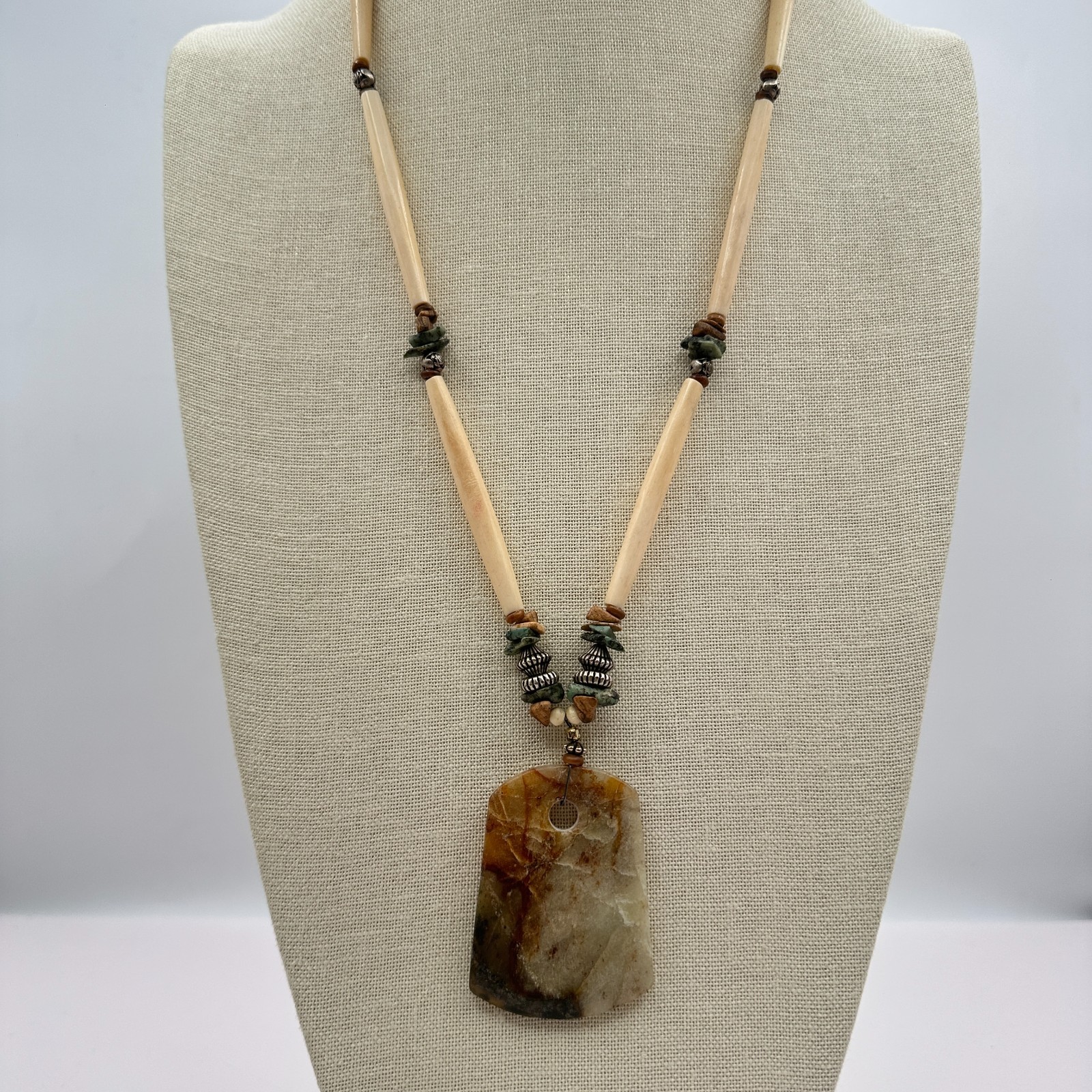 Vintage Southwestern Earthy Resin Pendant Hairpipe Necklace Boho Bead Statement