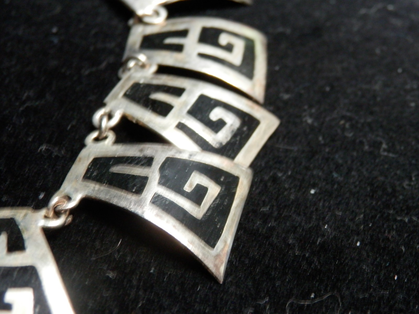 Mexico Alpaca Silver Greek Key Bib Necklace • Choker Bar Link Chain 19″ Enamel