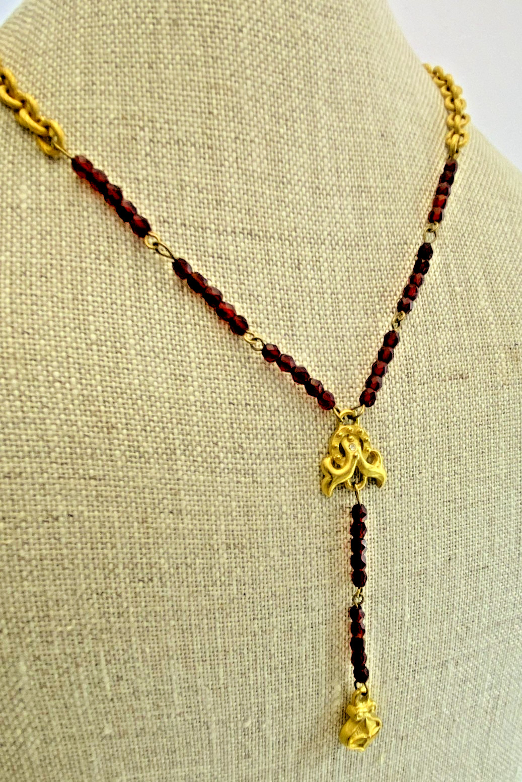 Allison Reed Rosary Style Red Bead Necklace Gold Plated 17″ Vintage NOS