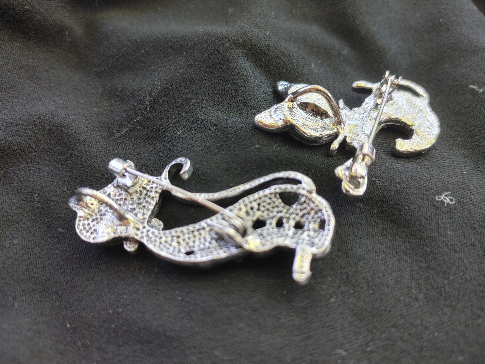 2 Pc. Lot Of Whimsical Retro Cat Brooches Faux Abalone Silver Tone 2″