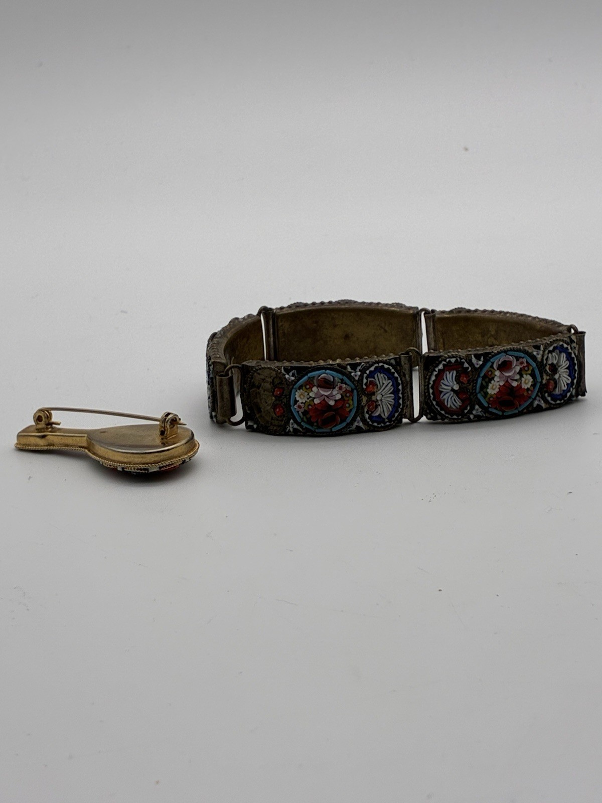 Vintage Micro Mosaic Wildflower Italian Brass Panel Bracelet 8” & Pin Read Desc.