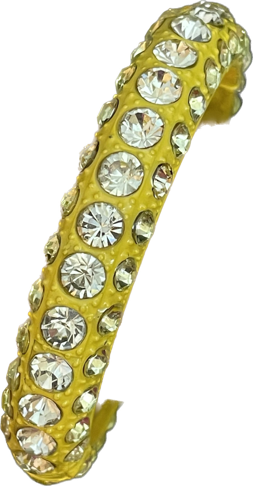 Bracelet Bright Yellow Painted Metal Hinged Heavy Multiple Rhinestones Retro
