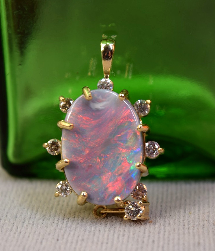 Estate Antique 14K Gold Large 10ct Black Opal Diamond Necklace Pendant