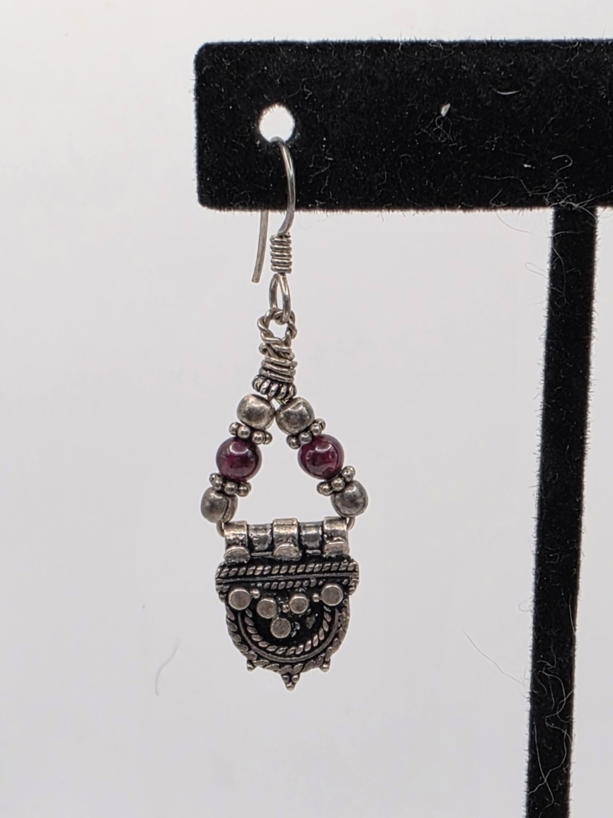 Vintage Dangle Boho Silver And Red Beads Pierced Earrings Hooks Marked 925