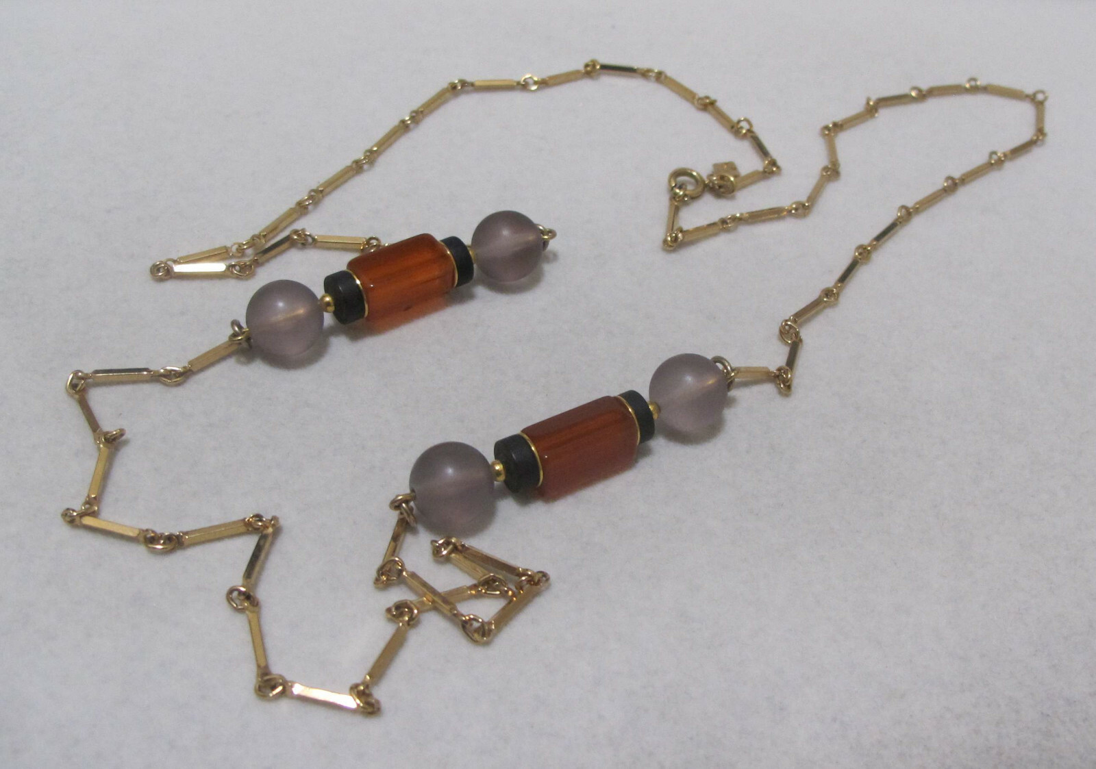 Vtg 1978 SARAH COV “Monterey” 35” Gold Tone Orange Grey Black Station Necklace