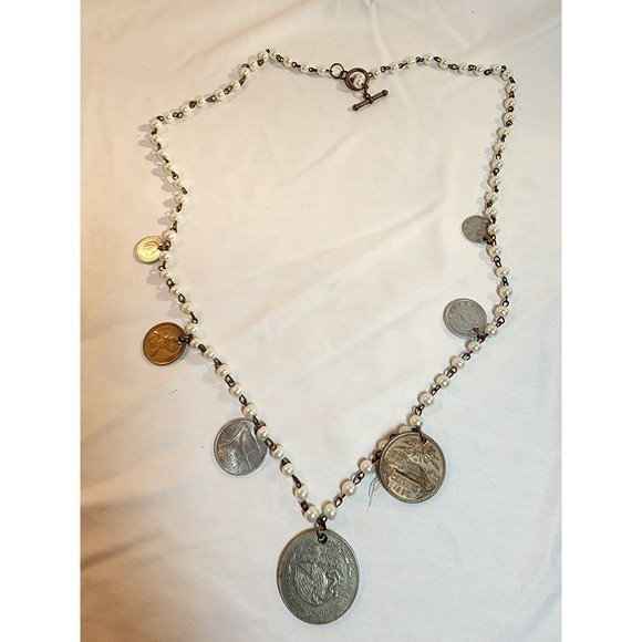 Vintage International Coin and Faux Pearl Charm Necklace Copper Toggle Clasp