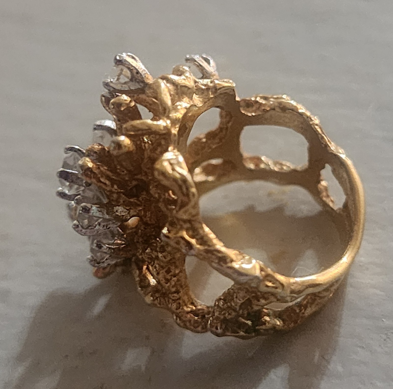 Vintage CZ Brutalist Cocktail Nugget Ring 18k HGE Gold Electroplate Size 4.75