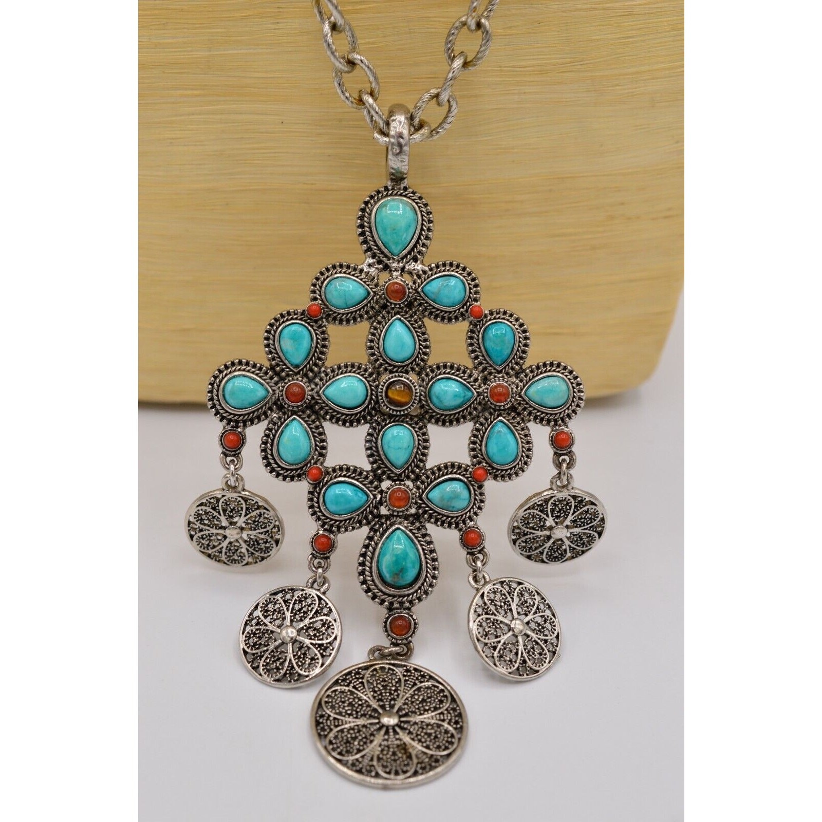 Graziano Vintage Turquoise Cabochon Coin Pendant Necklace South Western 1990s 9J