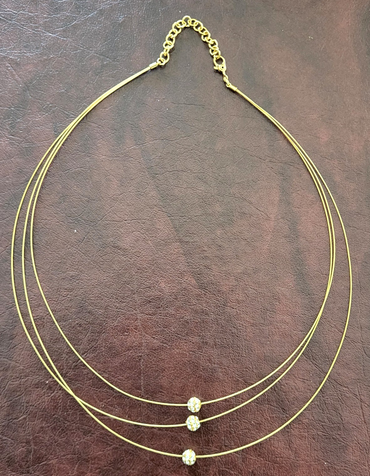 MONET Necklace ~ gold tone 3 strand layered necklace with crystal beads ~ 16″ L