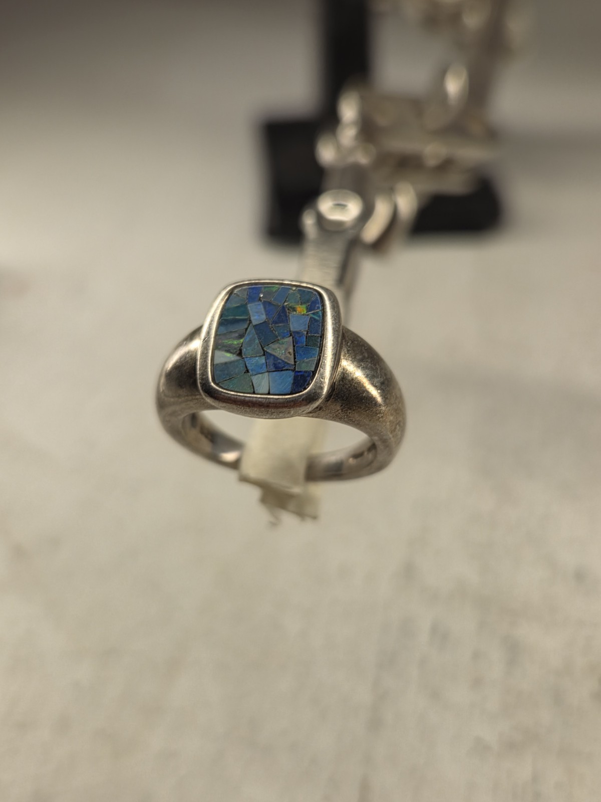 Vintage Sterling Silver Mosaic Blue Opal Gem Inlay Michelle Albala Ring Size 5.7