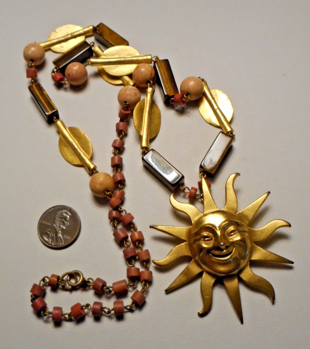 1970s Alva Museum Replicas Tiger’s Eye Stone Bead Necklace w Smiling Sun Pendant