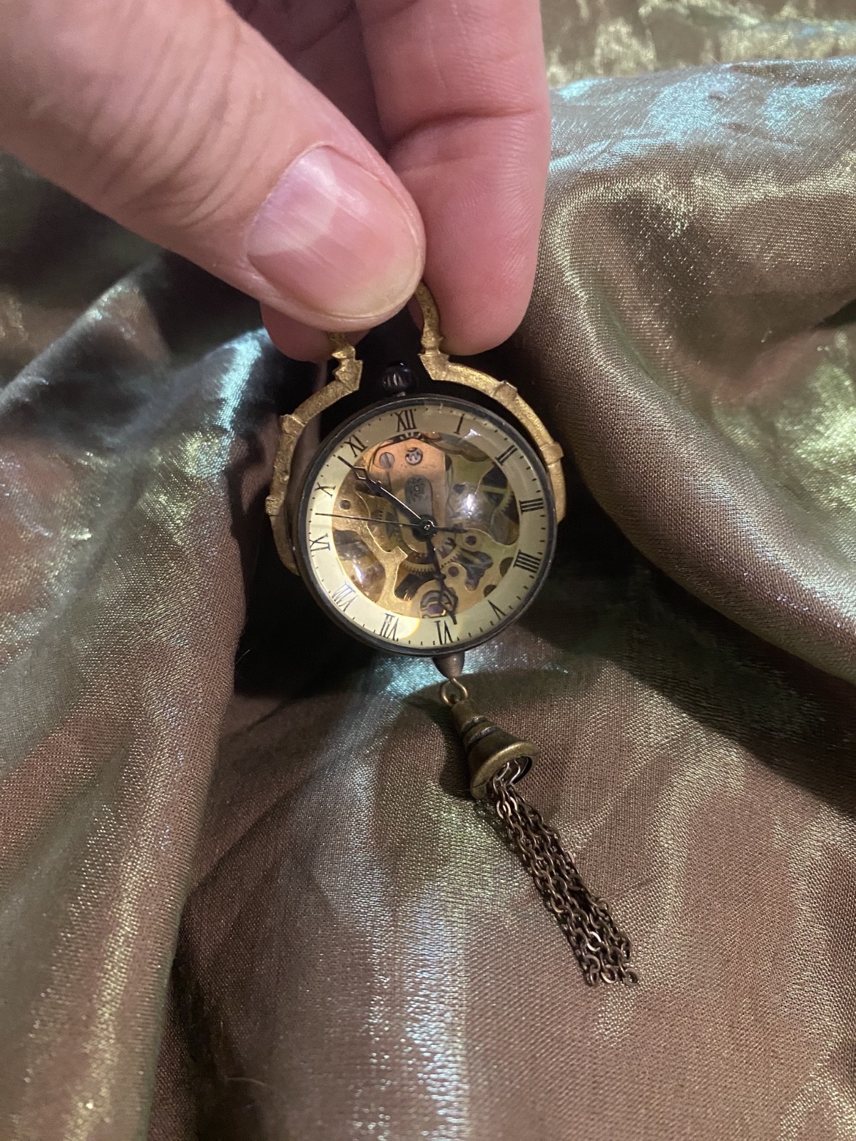 Glass globe pendant watch clock brass tone metal tassel / NOT working