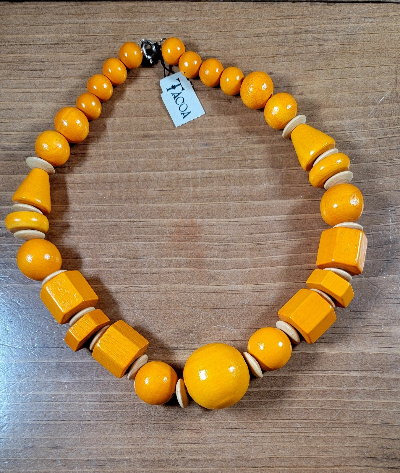 Vintage NWT Tacoa Big Orange Beaded Necklace Multi Shape Wooden Bold Chunky NOS