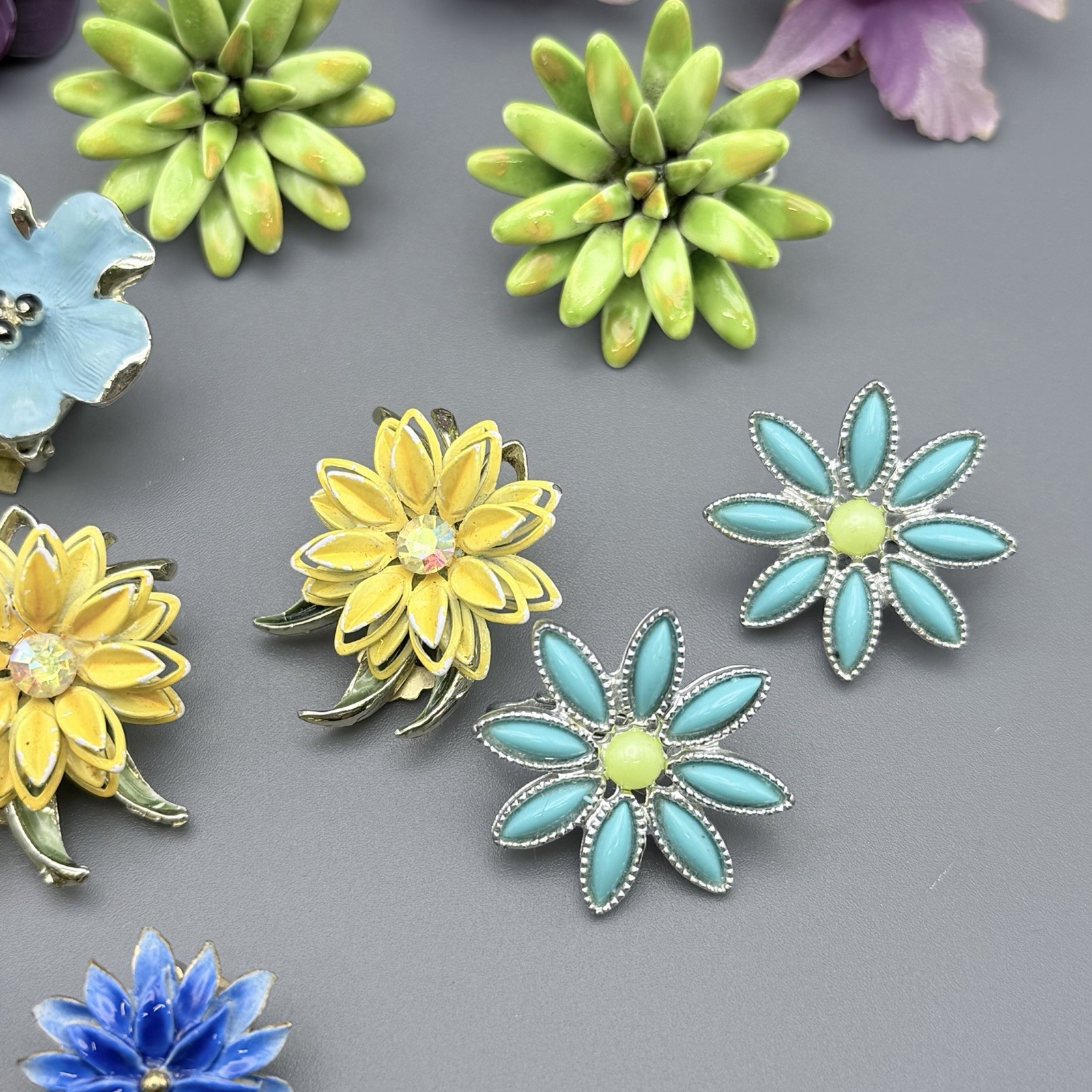Vintage Flower Clip On Earrings Floral Lot Of 8 Orchid Pansies Tulip Multi Color