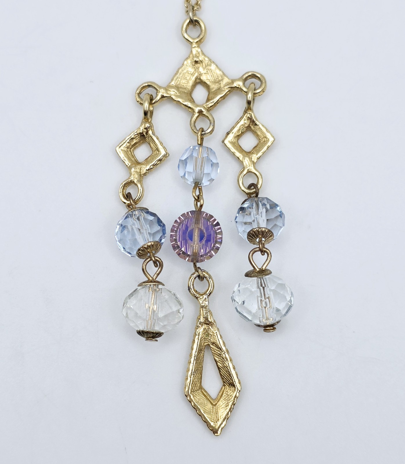 Vtg Aurora Borealis AB Crystal Chandelier Pendant Lavalier Necklace Gold Tone