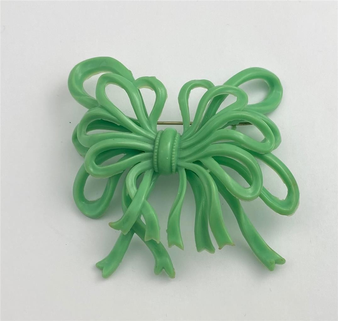 Vintage 1940’s Mint Green Celluloid Bow Ribbon Brooch Pin