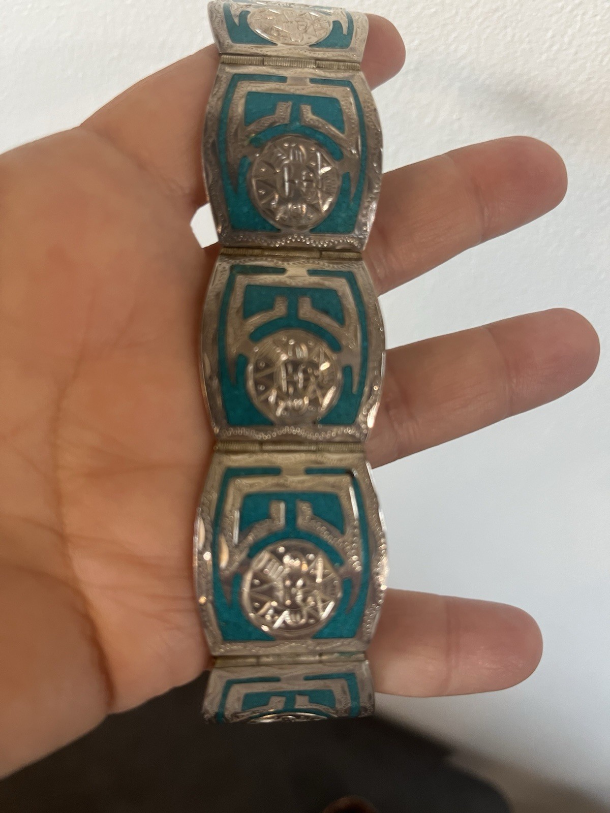 Bell Solid Copper Sterling 925 Joy Mex Turquoise Inlay Aztec Cuff Bracelet Vtg