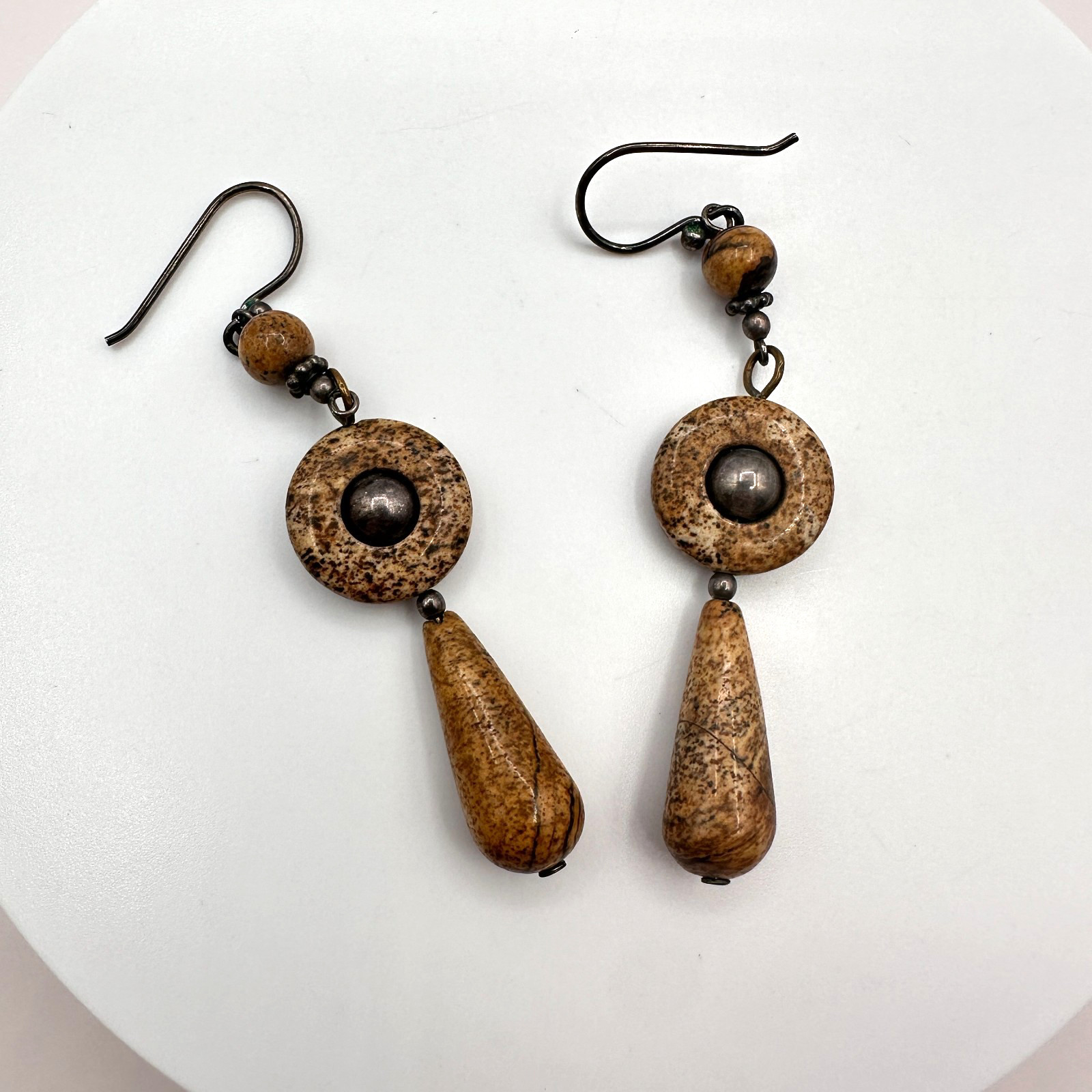 Vintage 90s Natural Jasper Stone Dangle Earrings Brown Boho Earthy Drop Jewelry