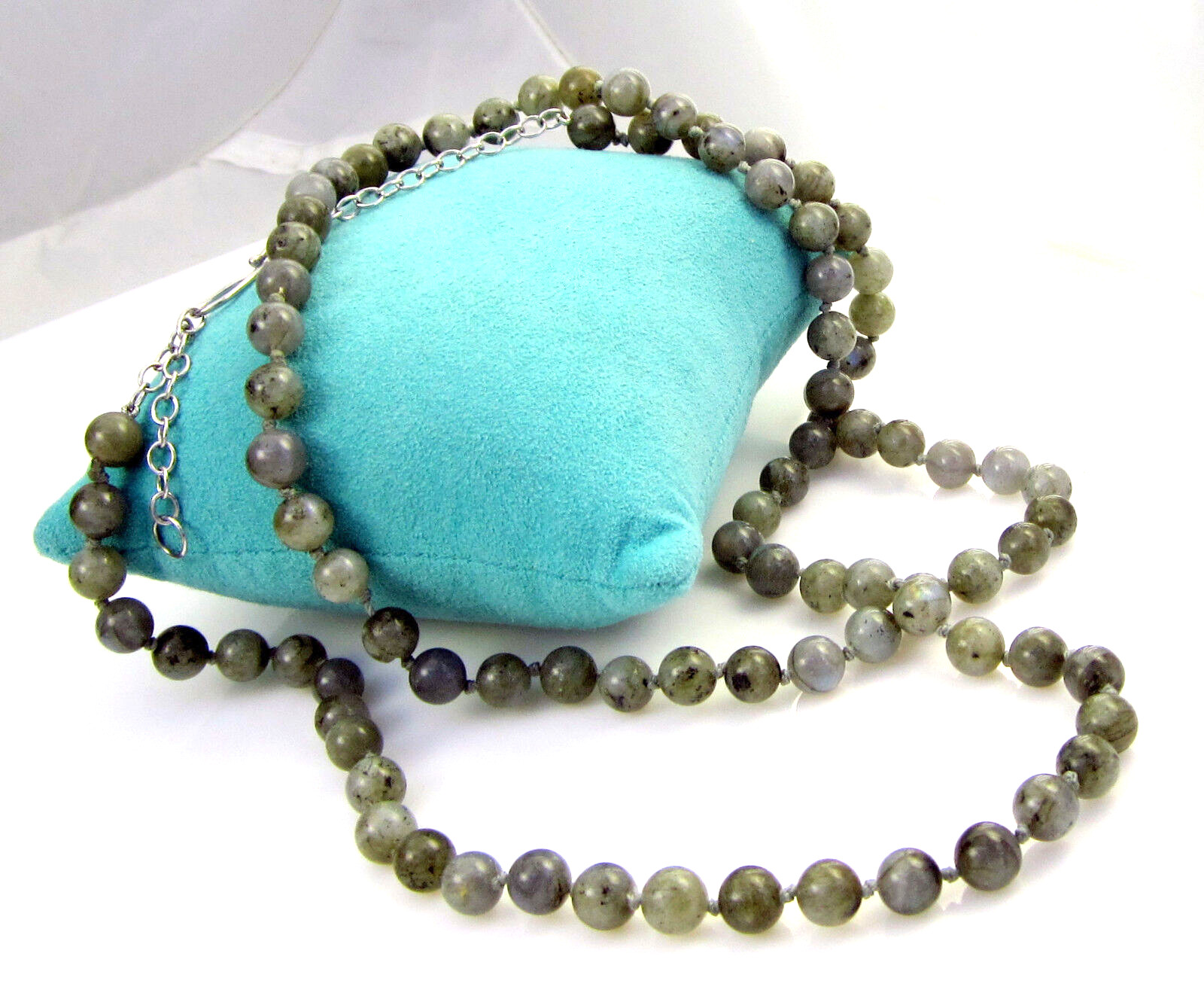 Estate Vintage Sterling Silver Moss Agate 39 Inch Long Strand 8 MM Bead Necklace