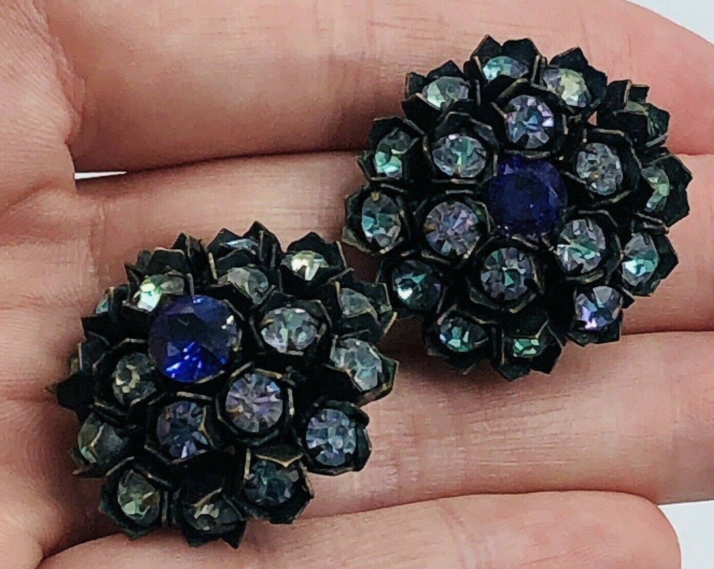 RARE MIRIAM HASKELL Signed Purple and Blue CRYSTAL FLOWER CLIP BACK EARRINGS