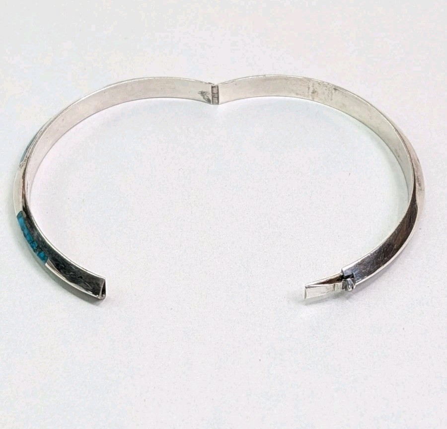 Vintage Turquoise Inlay Bangle Domed Sterling Silver Hinged Opening Size 7.25