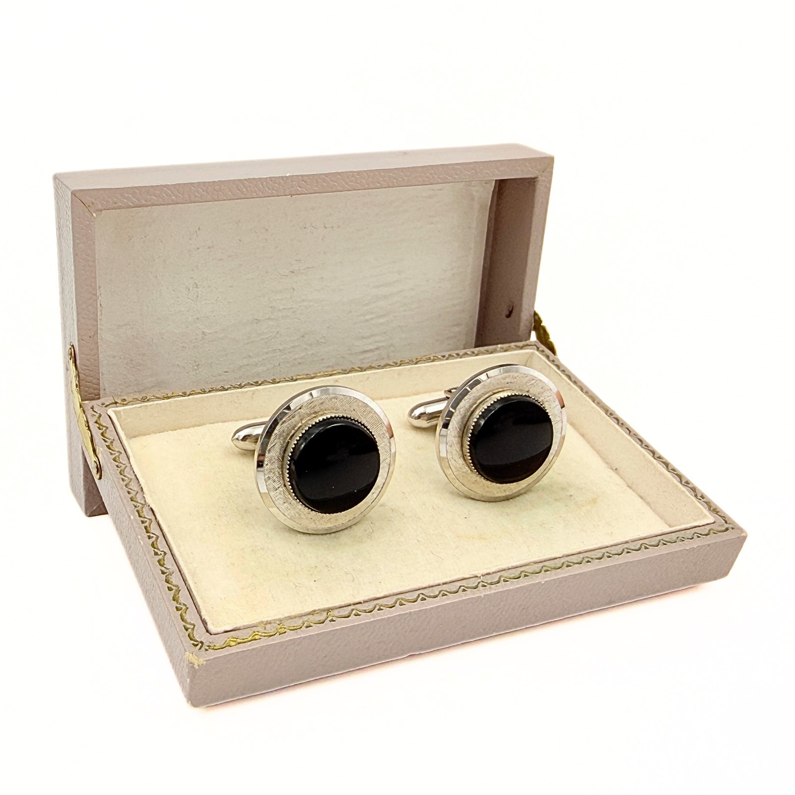 Hadley Signed MCM Round Black Glass “Mad Men” Era Textured Cufflinks