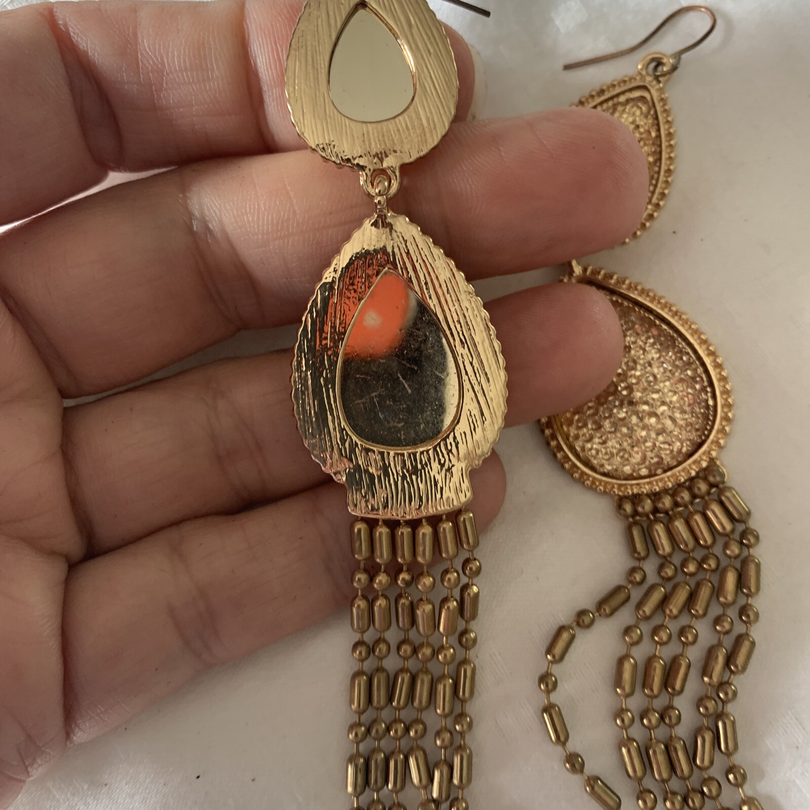 Gold Tone LONG CHANDELIER 4” peach faux topaz TEARDROP PIERCED Earrings