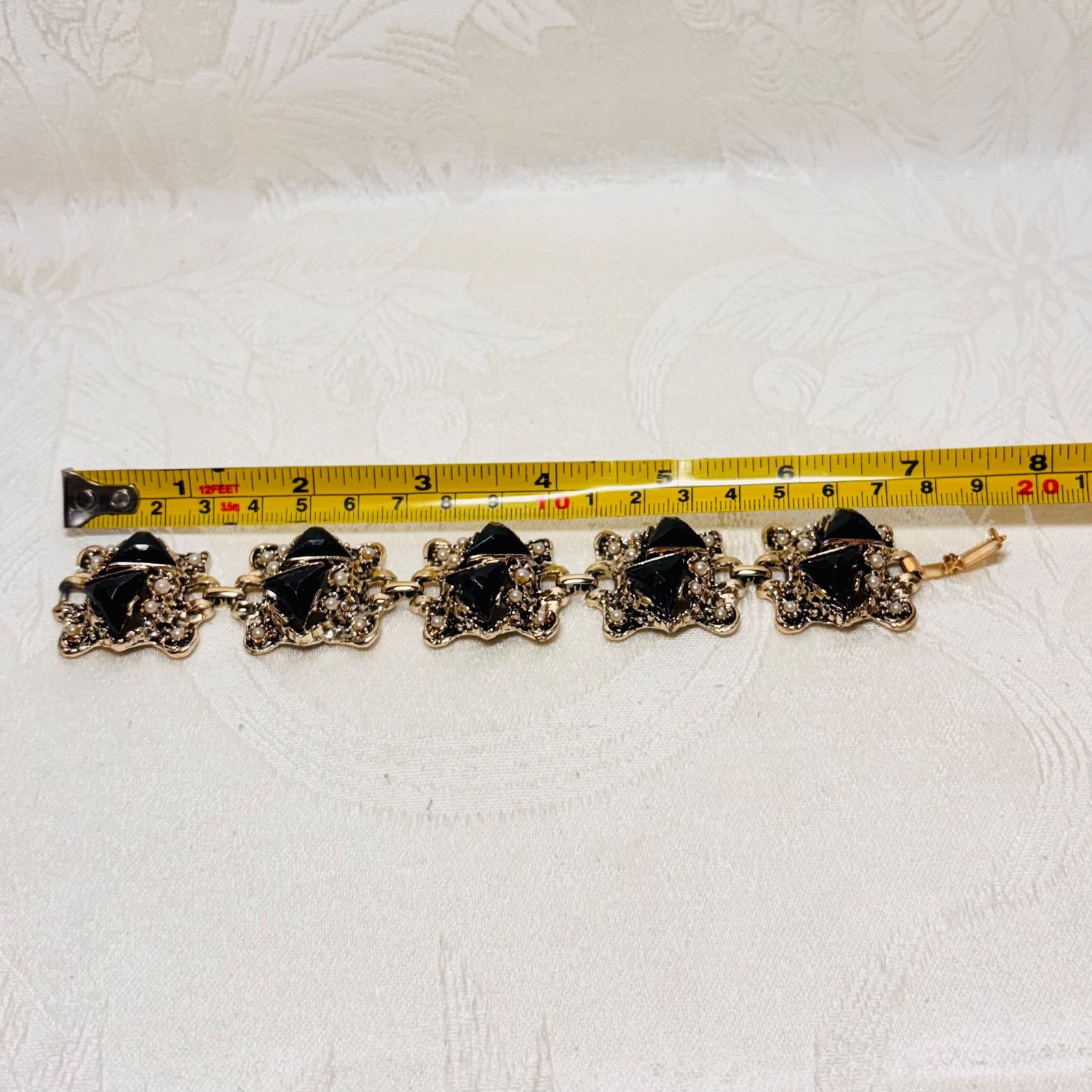 BRACELET black faux gem faux pearl silvertone metal link fold over clasp vintage