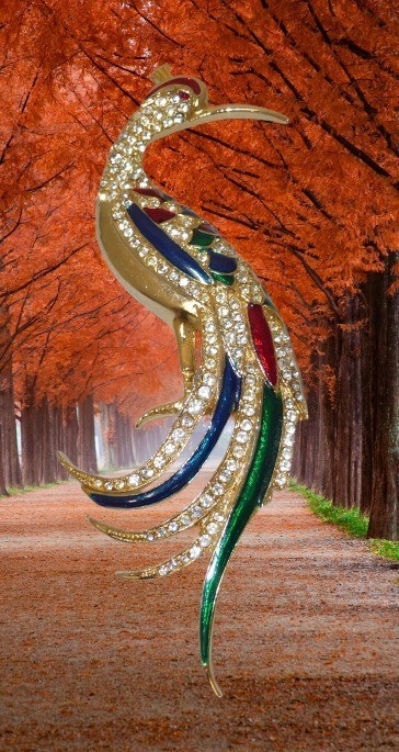 Rhinestone & Enamel Peacock Bird Brooch Red Green Purple Gold Multicolor