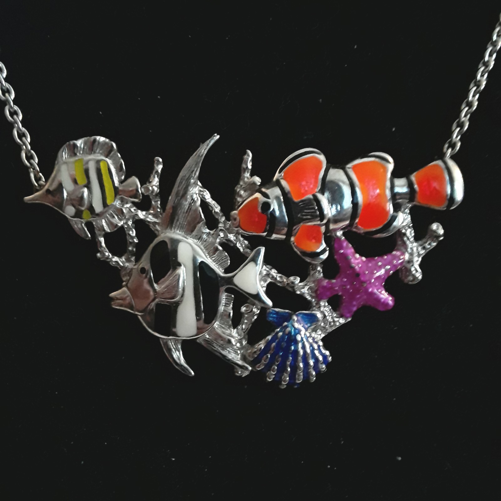 Kabana Sterling Silver 925 Enamel Tropical Fish Sea Life Necklace Multicolor 19″