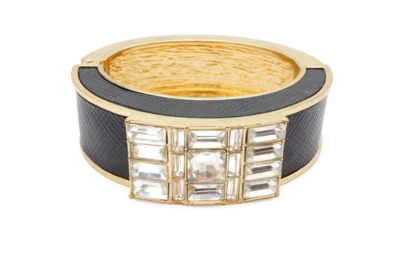Vintage Bangle Bracelet Gold Tone Rhinestone Faux Leather 6.5″