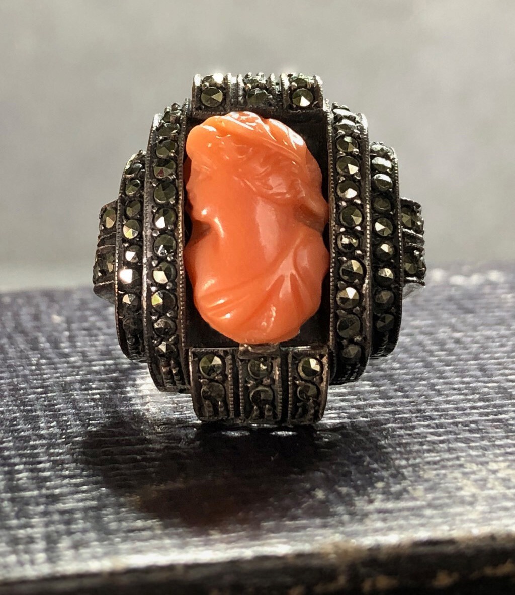 HEIRLOOM Antique EARLY VICTORIAN CORAL CAMEO Sterling Silver, Marcasite. German
