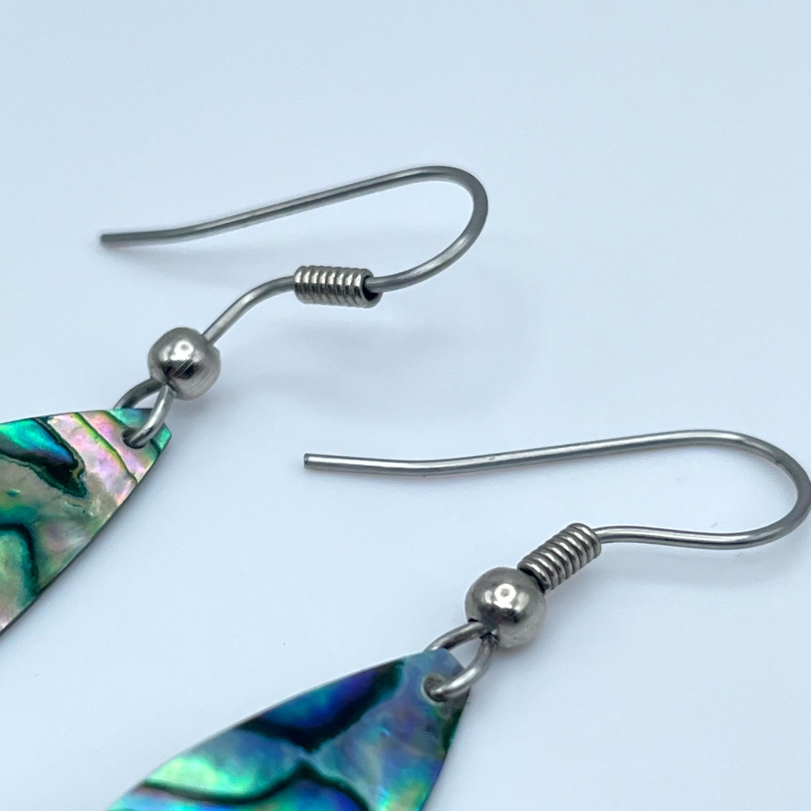 Vintage Silver-Tone Iridescent Paua Abalone Shell Teardrop Drop Hook Earrings