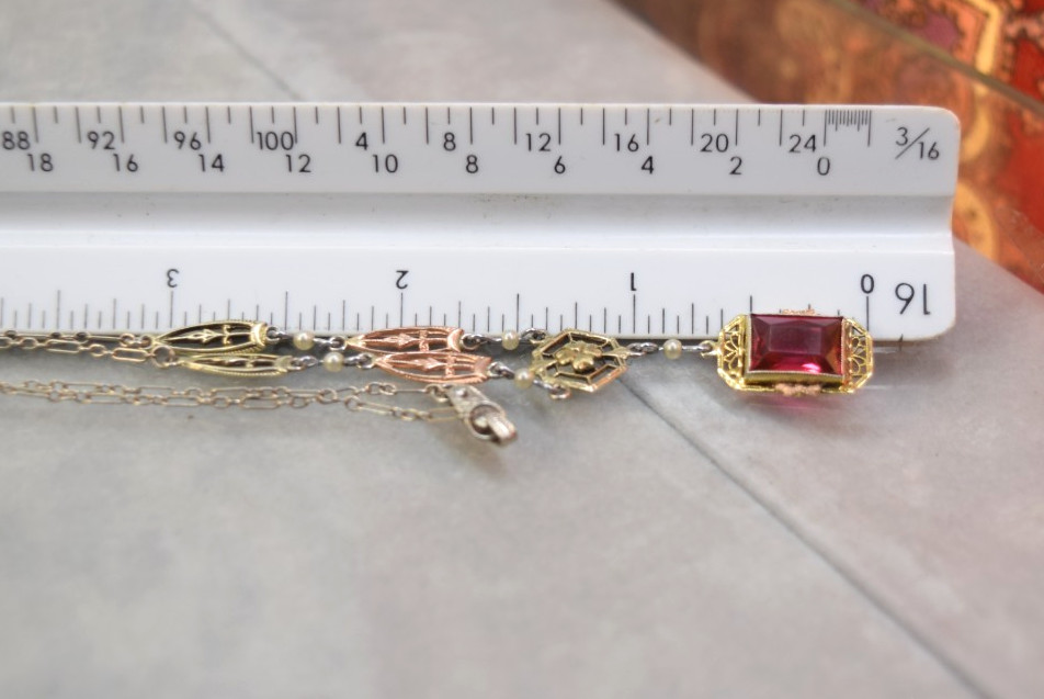 Antique Deco 10K Rose White Yellow Gold Red Ruby Glass necklace 17″