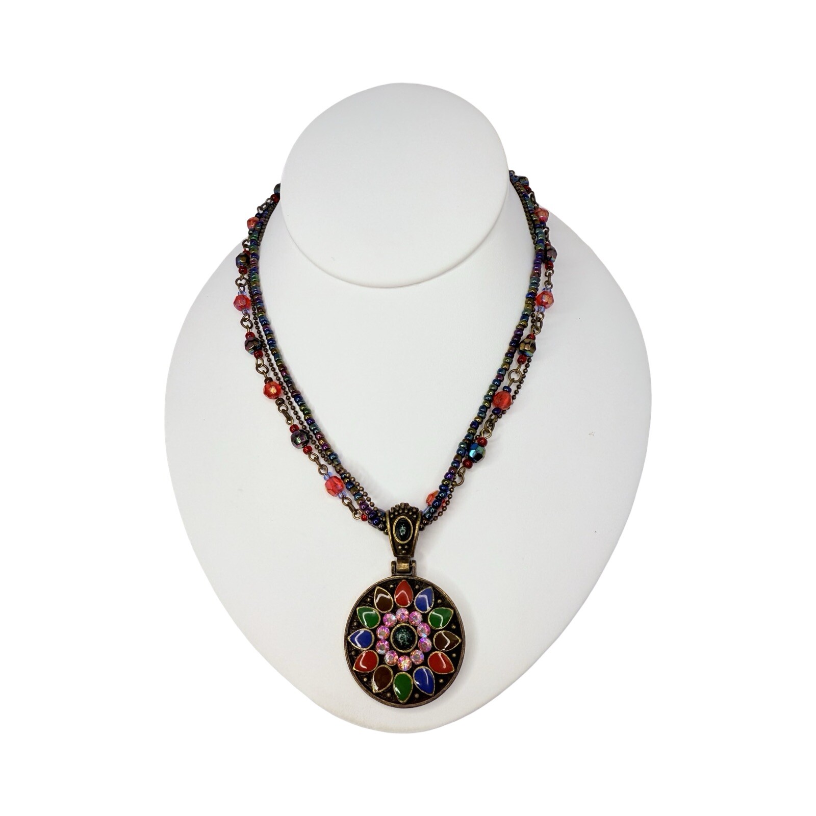 Multicolor Necklace Statement Pendant 19″ Beaded Layered Chain Bohemian