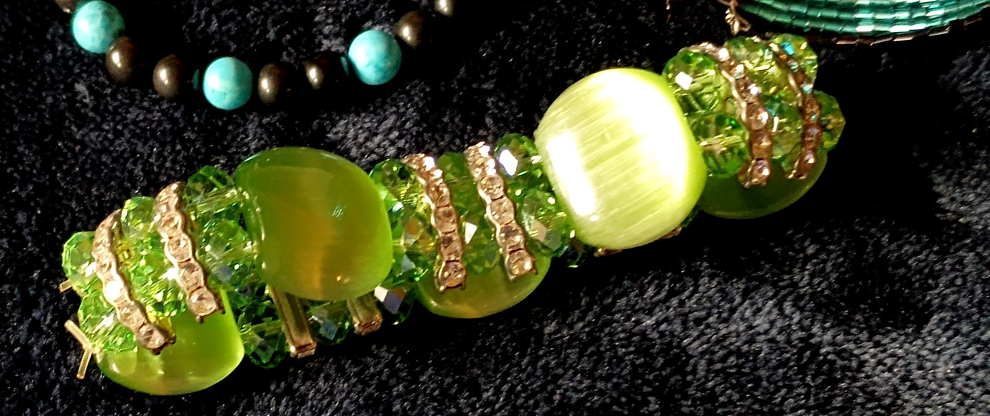 3 Different GREEN Glass bracelets 1960s-70s