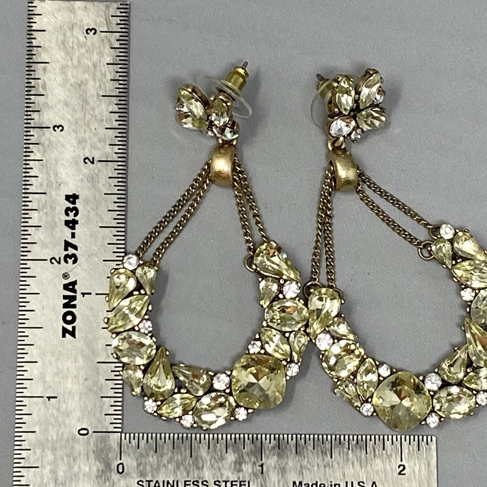 Rhinestone Earrings Chandier Dangle Drop Hoop Yellow Glass Pave Pierced 2.5″