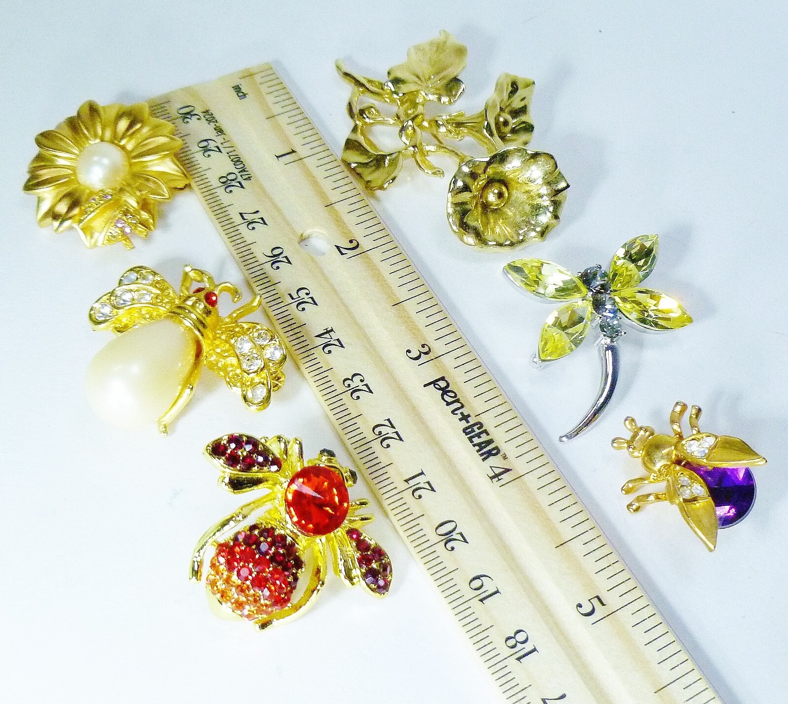 Lot of 6 Rhinestone Insect Bugs & Flowers Brooch Pins