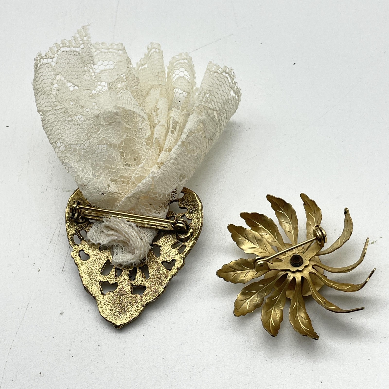 Vintage Gold Tone Filigree Heart Brooch and Flower Leaf Pin Lot of 2 Lace