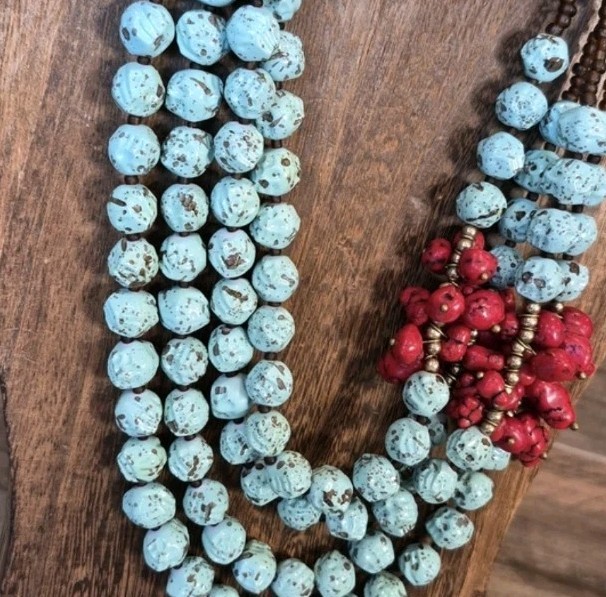 Vtg Handcrafted Turquoise Red Coral Chunky Four Strand Beaded Statement Necklace