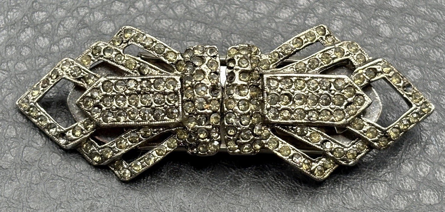 Vintage Art Deco Bow Rhinestone Duette Brooch Pin Convertible Dress Clips READ