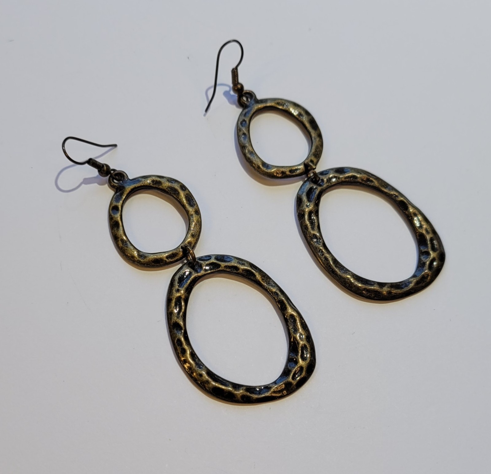 Antiqued Brass Hammered Texture Double Hoops Dangle Pierced Earrings Vintage
