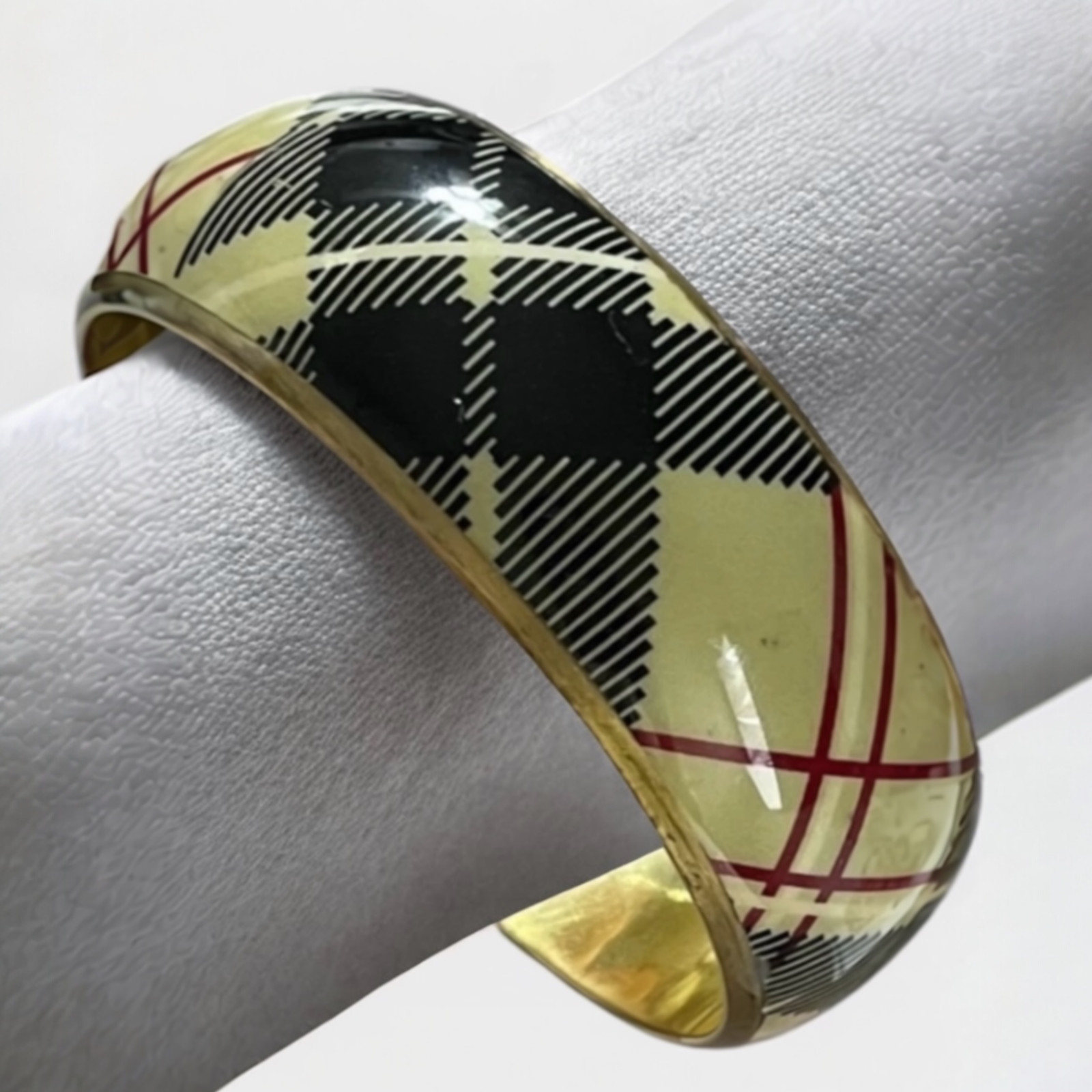 VTG Brass Bracelet Bangle Plaid Resin Metal Gold Tone Wide Chunky Prep Jewelry