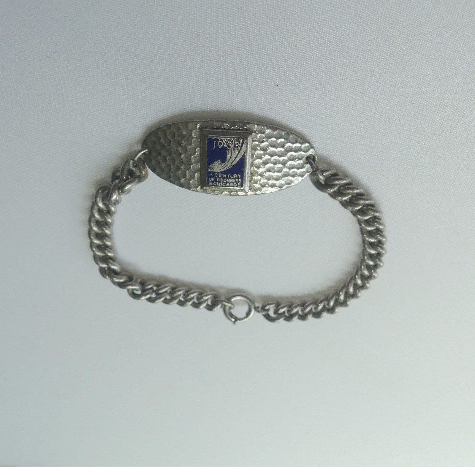 Vintage 1933 Chicago Worlds Fair Century of Progress Bracelet Enamel Hammered ID