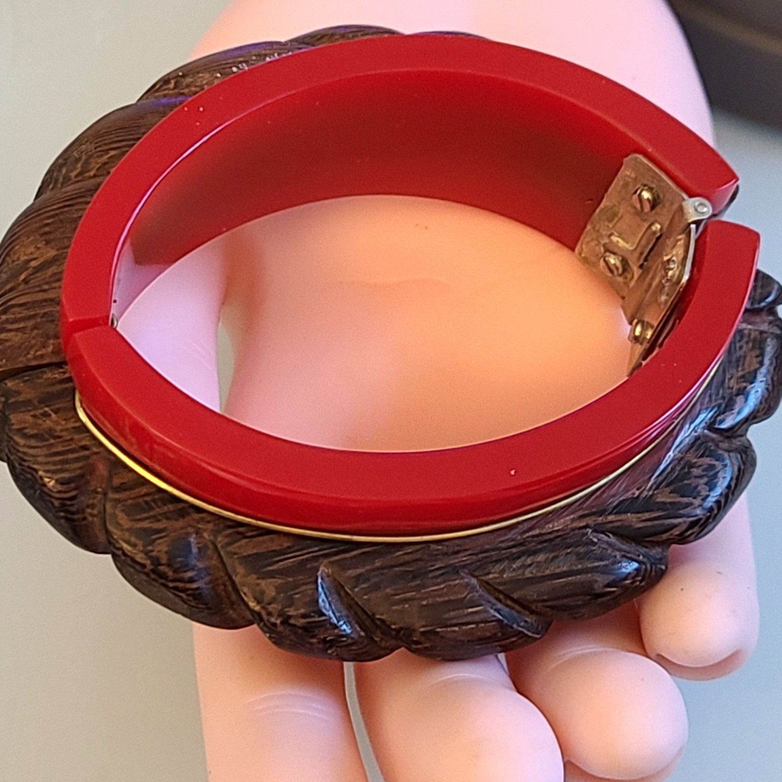 DANNIJO Vintage Carved Wood & Red Resin Hinged Bangle Bracelet Chunky Boho Cuff