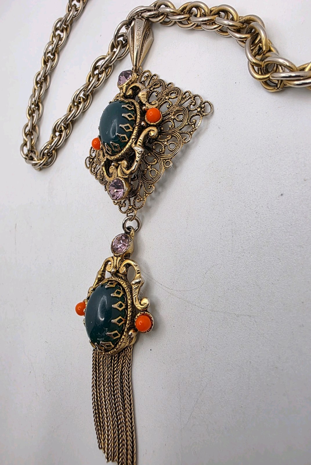 Vintage Large Green, Orange Cab & Purple Crystal 2 Tier Tassel Necklace – READ