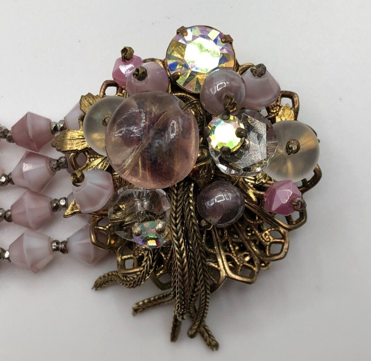 VTG 4 Strand Lavender Glass Bicone Bracelet Fancy Clasp Art Glass Rhinestones